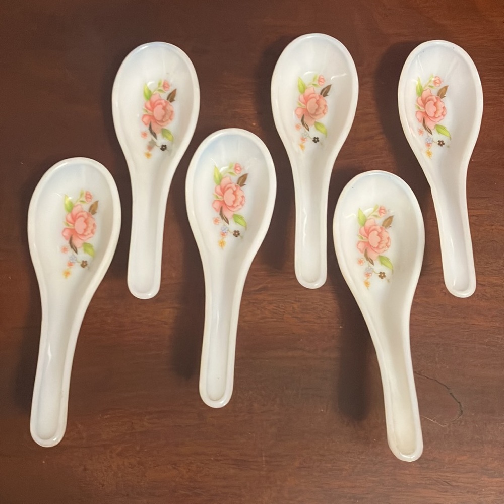 Set of 6 Floral Opaline Glass Soup Spoons Vintage Korean Opal